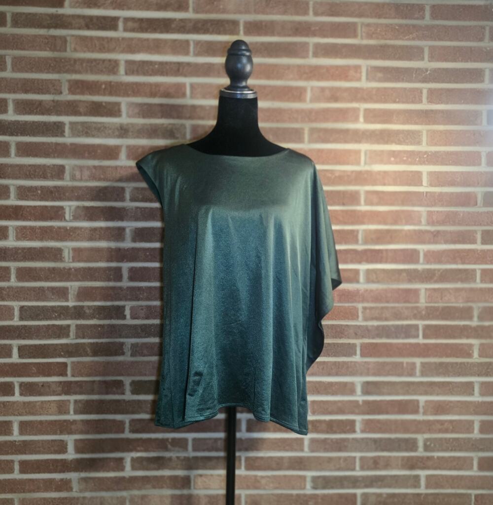 Alfani Dark Green Satin Asymmetrical Poncho Top Blouse - Size L